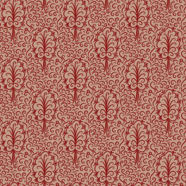 Ağaçlar ve yapraklar kırmızı renklerde süslemeli kusursuz vektör deseni