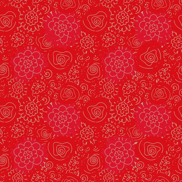 Nahtloses Vektormuster mit Blumen-Doodle auf rotem Hintergrund — Stockvektor