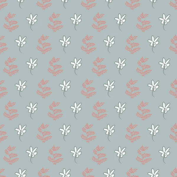 Seamless vector pattern with white flowers and pink leaves on a grey background — 스톡 벡터