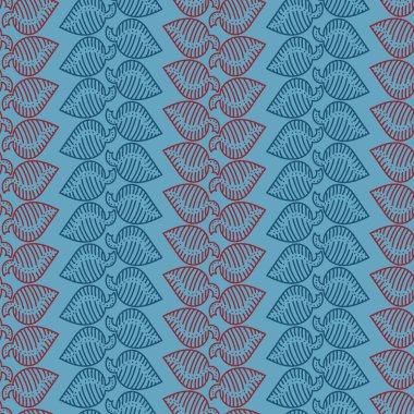 Mavi arkaplanda biçimlendirilmiş yapraklar ile dikey çizgili kusursuz vektör deseni