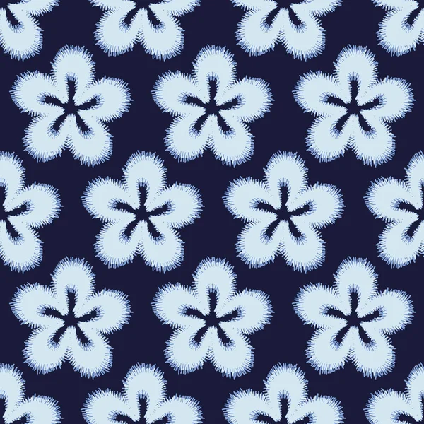 Seamless vector pattern with simple embroidered flowers in indigo blue — Stock Vector