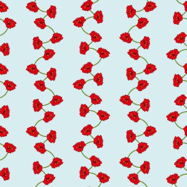 Kusursuz vektör dikey çizgiler, soluk mavi arkaplan üzerinde kırmızı çiçekler.