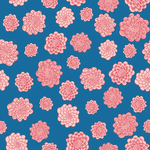 Patrón de vector sin costuras con flores redondas de color rosa en un fondo azul — Vector de stock