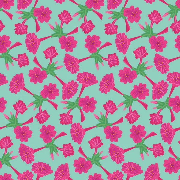 Patrón vectorial sin costuras con flores rosadas vivas sobre un fondo azul — Vector de stock