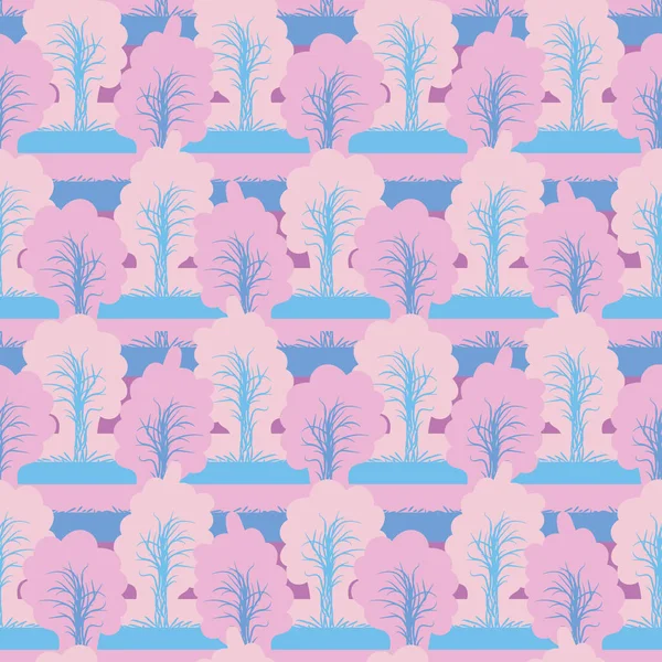 Motif vectoriel paysage boisé sans couture avec des arbres roses et de l'herbe bleue — Image vectorielle