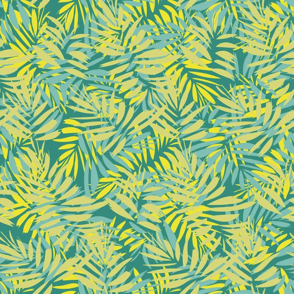 Vetor sem costura padrão tropical com sobreposição de folhas de palma em amarelo e verde teal —  Vetores de Stock