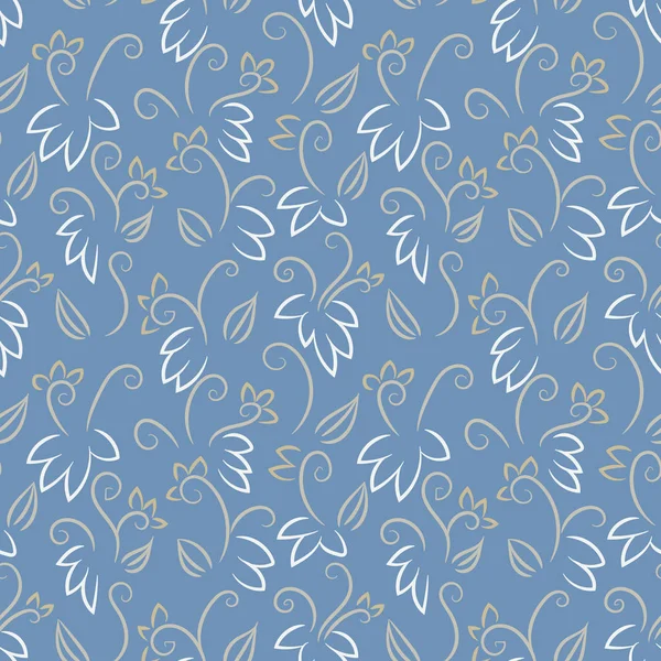 Minimale Doodle-Pflanzen nahtloses Vektormuster in gedeckter blauer Farbe — Stockvektor