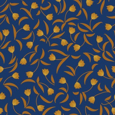 Klasik mavi arkaplan vektör desenli sarı laleler