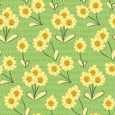 smiling flowers childish seamless vector pattern in green and yellow
