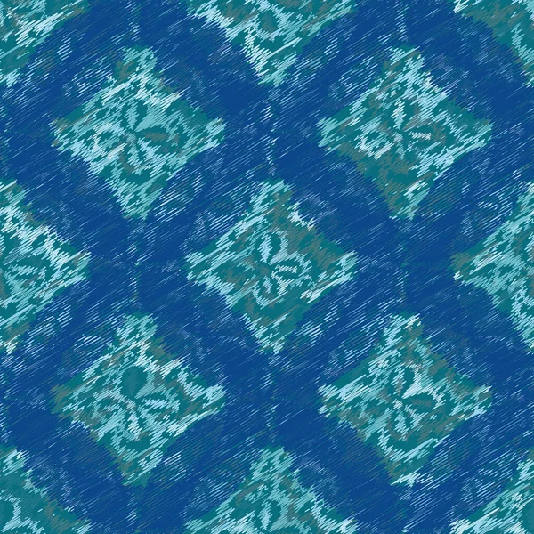 Blue and teal abstract textured geometric pattern with floral motifs inside — Stockvektor