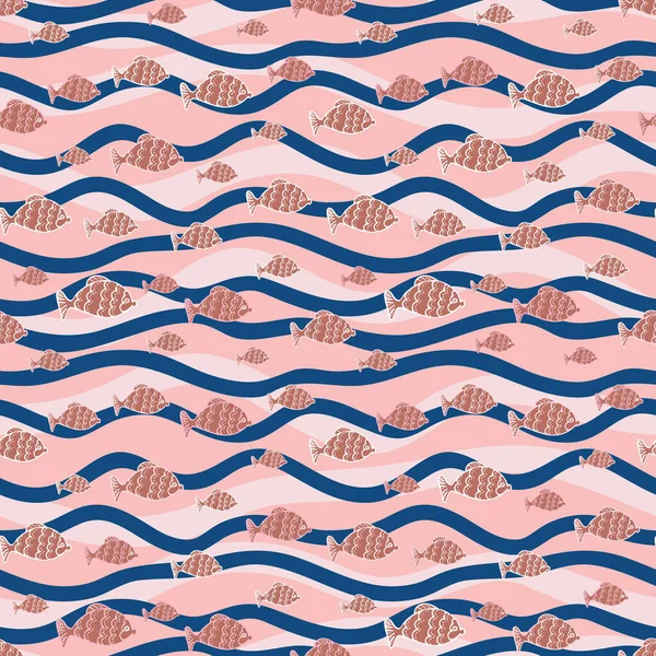Fish and ocean waves seamless vector pattern in blush pink and classic blue — 图库矢量图片