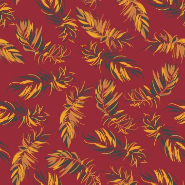 graphic fluffy feathers seamless vector pattern in yellow maroon and grey colors