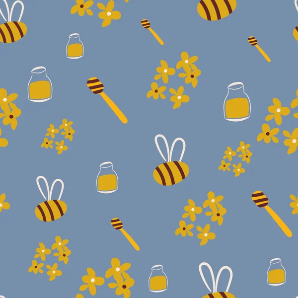 Yellow bees and honey seamless vector pattern — Stockový vektor