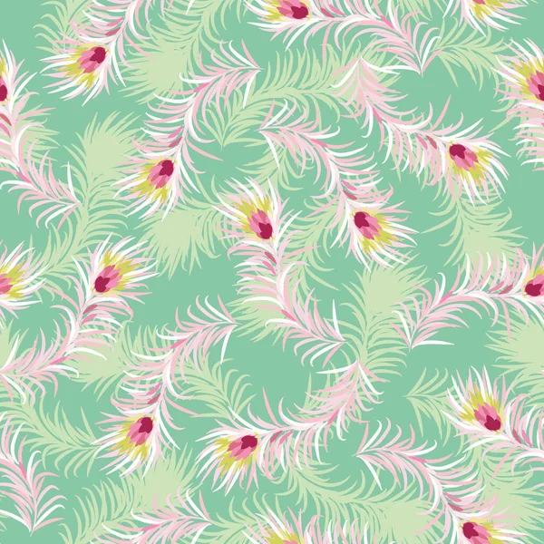 Pink peacock feathers scattered on a green background seamless vector pattern — Stock Vector