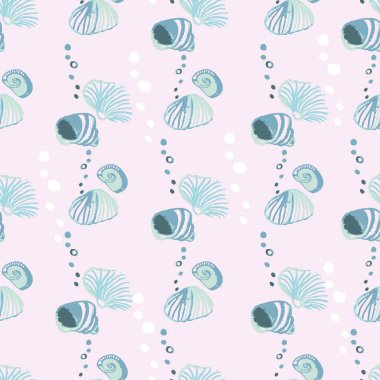 pastel blue and teal seashells on a pale greyish pink background seamless vector pattern