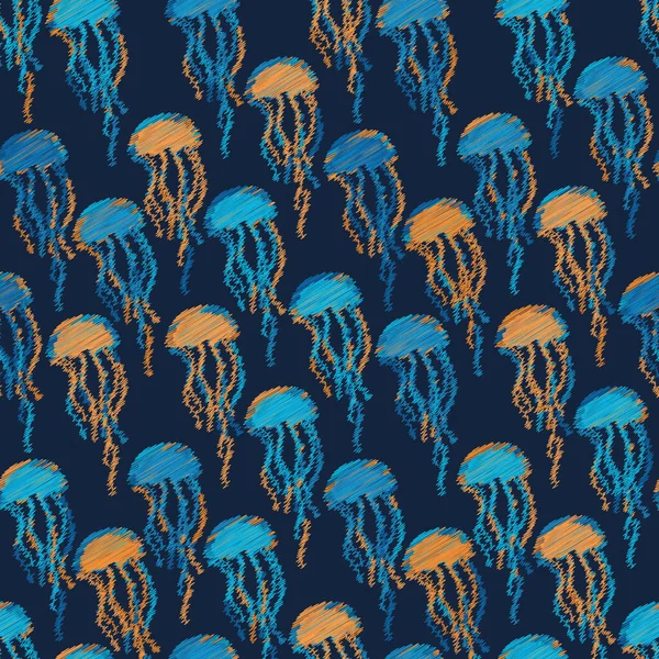 Blue and orange scribbled jellyfish seamless vector pattern — 图库矢量图片