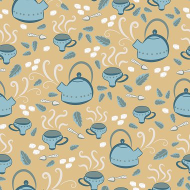 yellow and teal tea time seamless vector pattern