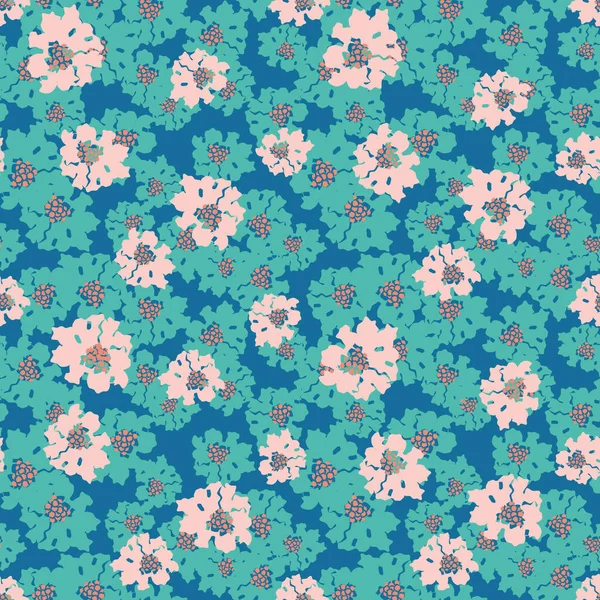 Turquoise and pink flowers on a blue background seamless vector pattern — Stok Vektör