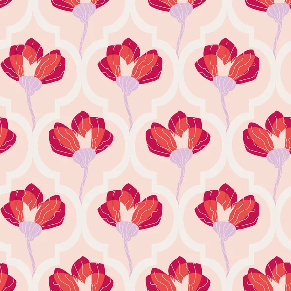 Graphic red flowers on pastel pink trellis ornament seamless vector pattern — Stockvektor