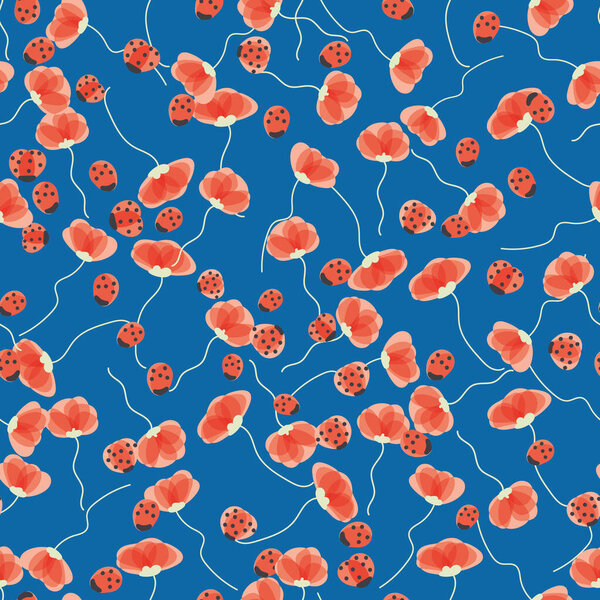 red and ladybugs on blue background seamless vector pattern