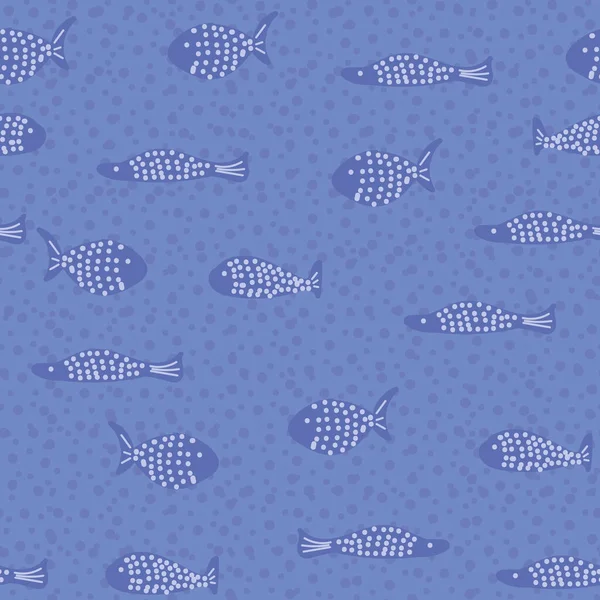 Dotted violet blue fish swimming in textured water. Marine seamless vector pattern. — 图库矢量图片