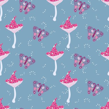 Zehirli mantarlar ve kelebekler kusursuz vektör deseni