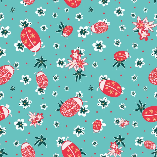 Ladybugs in flower garden seamless vector pattern — Stockový vektor