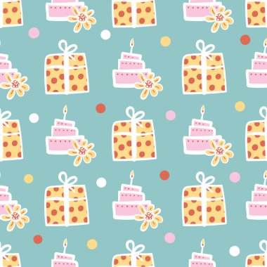 Doğum günü pastaları ve hediyeler pastel renklerde kusursuz vektör deseni