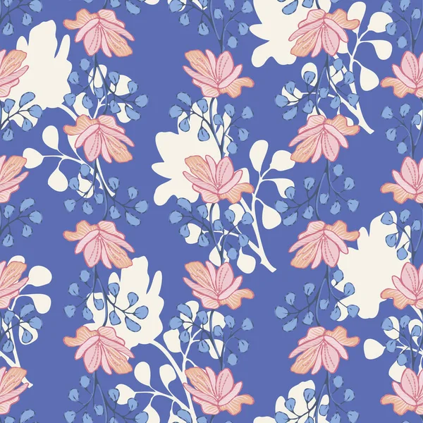 Pink floral seamless vector pattern on blue — Stock Vector