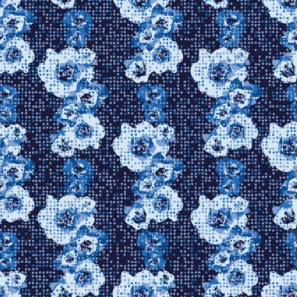 Blauw monochromatische gestippelde bloemen verticaal gestreepte naadloze vector patroon — Stockvector