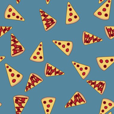 Pizza servisleri basit karalamalar. Sarı, kırmızı ve mavi vektör desenleri.