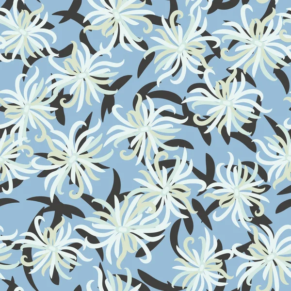 White chrysanthemum flowers seamless vector pattern on a blue background — Stock Vector