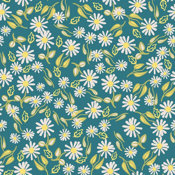 Flores de margarita sobre un fondo verde azulado patrón de vectores sin costuras — Vector de stock