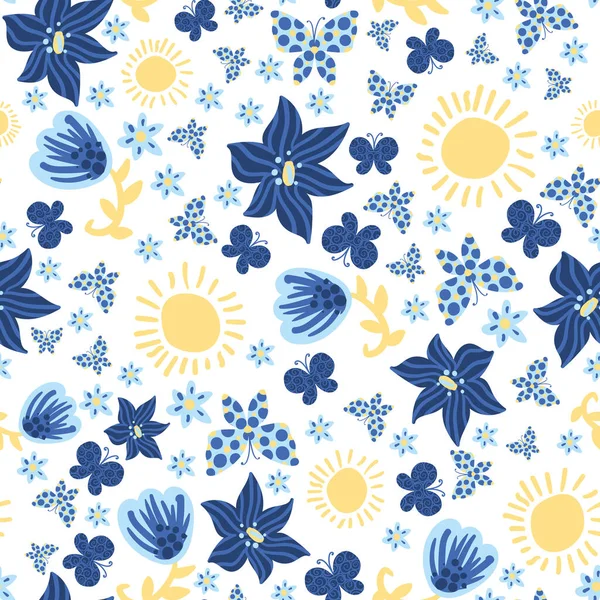 Květiny, motýli a slunce bezešvé vzor — Stockový vektor