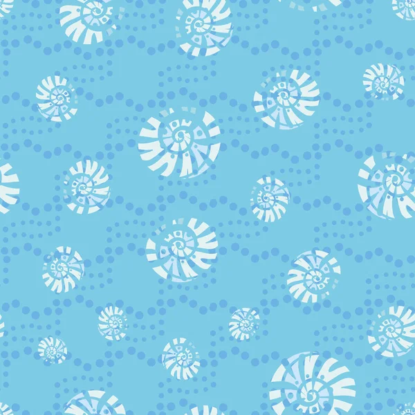 Snail shells in blue water seamless vector pattern — Stock Vector