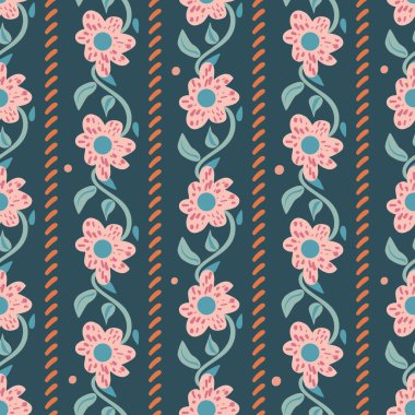 Gök mavisi üzerinde pembe çiçek desenli, pürüzsüz vektör deseni