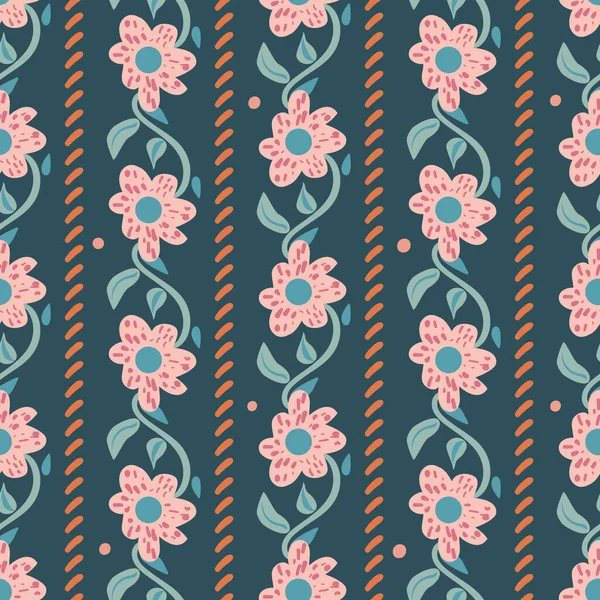 Pink floral stripe seamless vector pattern on teal — Stock Vector