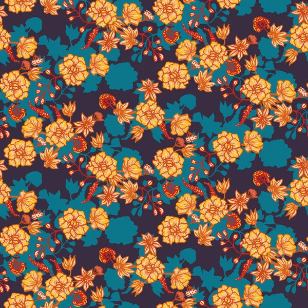 Orange flowers bouquets seamless vector pattern on a dark blue background — Stock Vector
