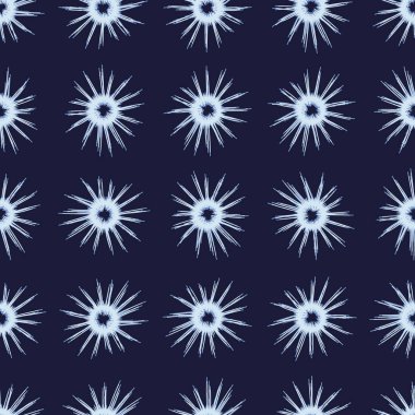 Koyu çivit arkaplanda güneş şekilli kusursuz vektör deseni