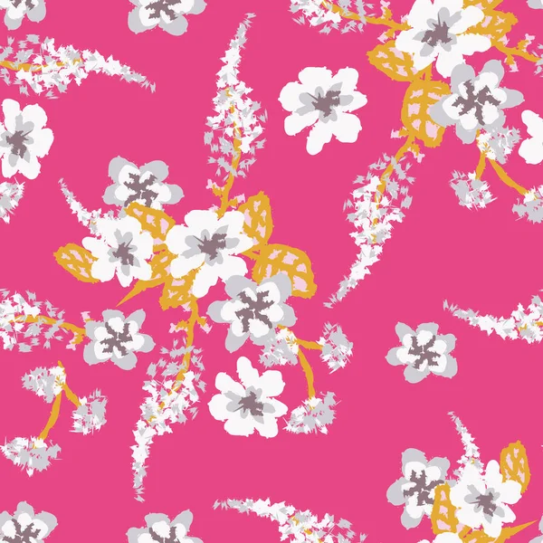 Ramos florales ligeros patrón de vectores sin costuras en un vibrante rosa — Vector de stock