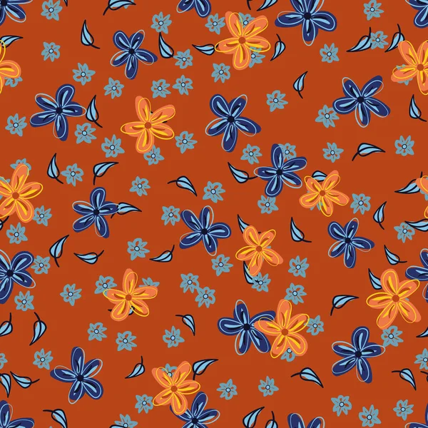 Blaue und orangefarbene Blüten nahtloses Vektormuster — Stockvektor