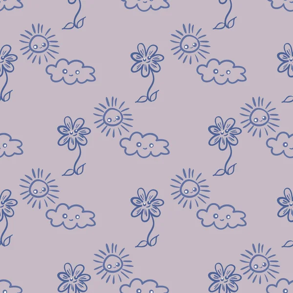 Lindo flores, nubes, soles sin costura patrón de vectores — Vector de stock