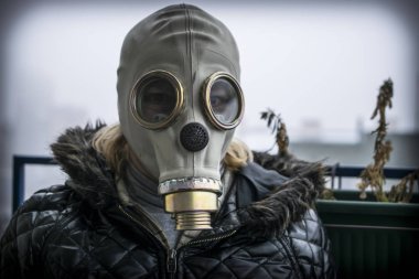 Arka planda sis ve kirlilik olan gaz maskeli orta yaşlı bir kadın.