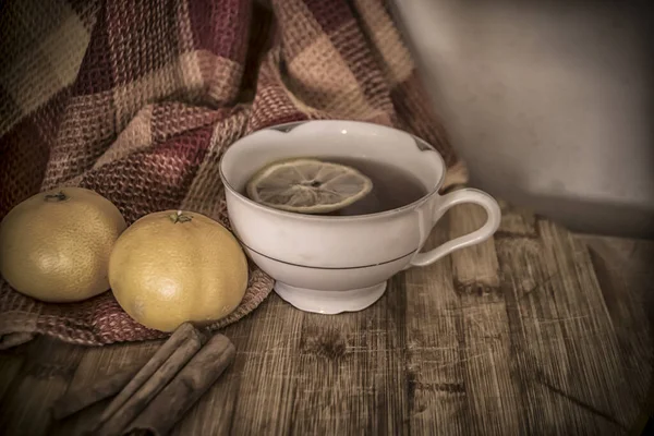 Still Life Scene Autumn Tea Lemon — Stock Photo, Image