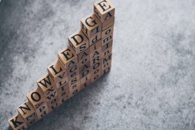 Tahta küplü kelime bilgi, eğitim, tutku, bilgelik, öğrenme, hedef, amaç ve kopyalama alanı ile ilgili. İş stratejisi ve yaratıcılık veya eğitim fikri fotoğrafı.