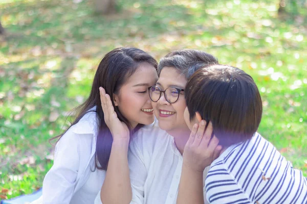 Asian Lovely Young Daughter Grandson Kiss Happy Healthly Senior Woman — Stock Photo, Image
