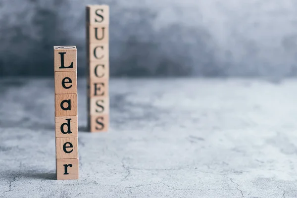 Wood cube letter word of Leader and SUCCESS with copy space. Idea of motivation or inspiration in business vision and corporate management strategy. Leadership lead team to reach goal or achievement.