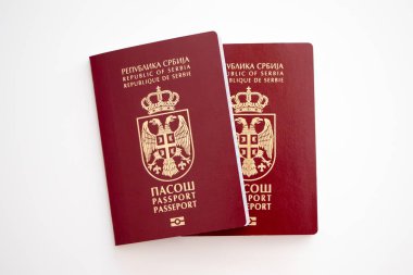 Beyaz arka planda iki Sırp pasaportu, seçici odak, konsept