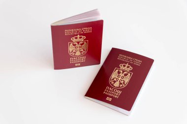 Beyaz arka planda iki Sırp pasaportu, seçici odak, konsept