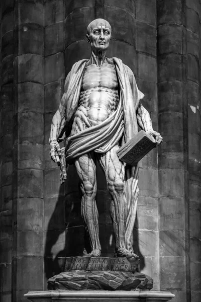 Milán, Italia - 8 de marzo de 2019: Estatua de San Bartolomé Flayed fue uno de los 12 Apóstoles y uno de los primeros mártires cristianos que fue despellejado en el Duomo de Milán, Catedral de Milán, Escultura —  Fotos de Stock